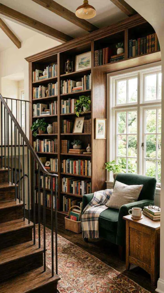 11+ Staircase Landing Decor for Cozy Home Style 8 Built In Bookshelves