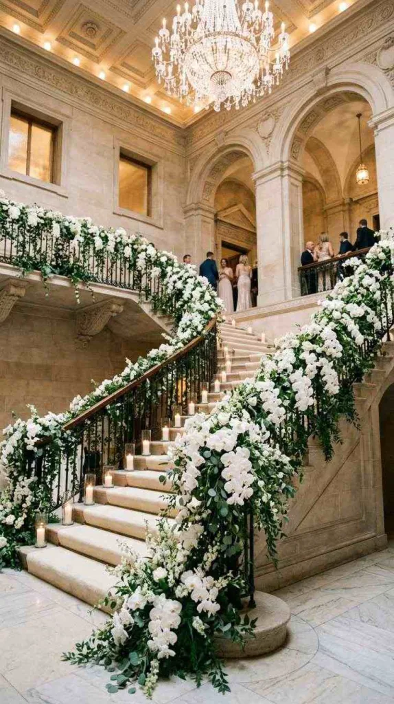 12 Staircase Wedding Decor for Elegant Ceremony Entrances 8 Cascading White Orchids