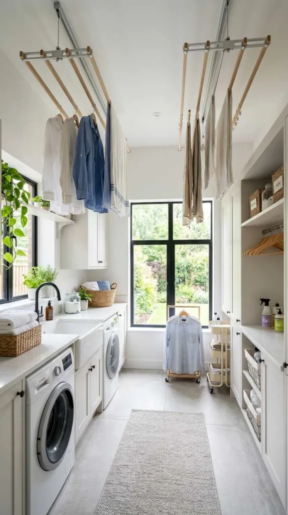 10+ Open Laundry Room Ideas for Bright Homes 9 Ceiling Drying Rails