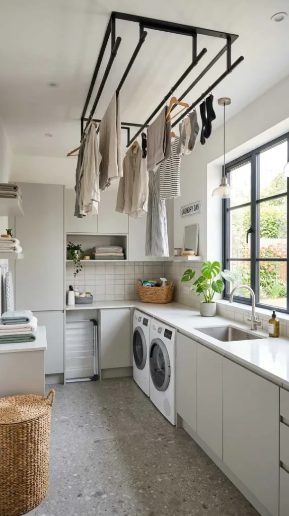 11+ Washing Room Ideas Laundry for Organized Homes 6 Ceiling-Mounted Drying Rails