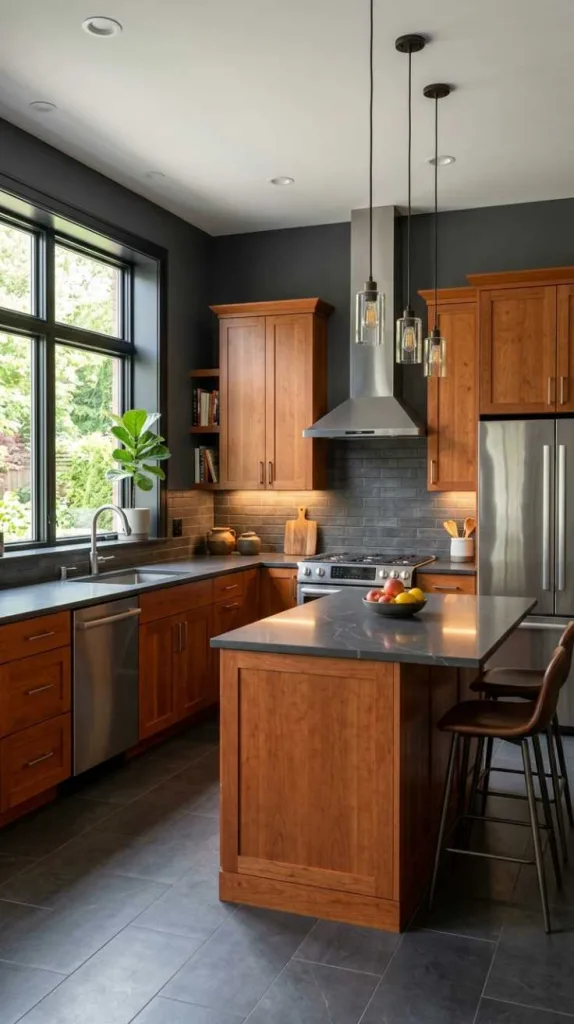 11+ Kitchen Color Schemes That Make Cherry Cabinets Pop 11 Charcoal Gray