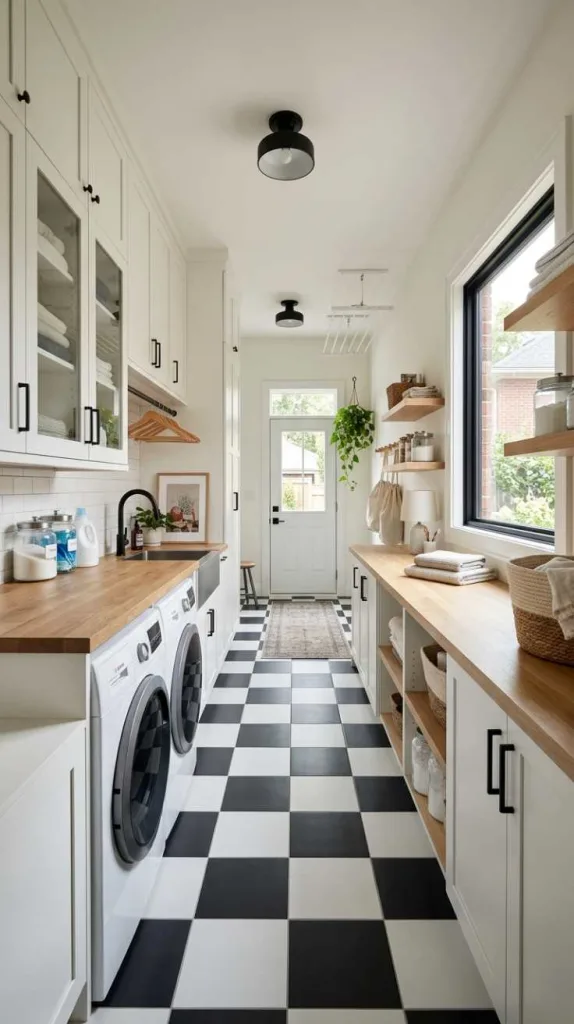 12 Long Laundry Room Ideas for Functional Layouts 4 Checkerboard Flooring