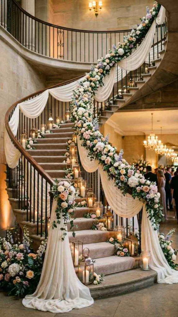 12 Staircase Wedding Decor for Elegant Ceremony Entrances 10 Chiffon Draping
