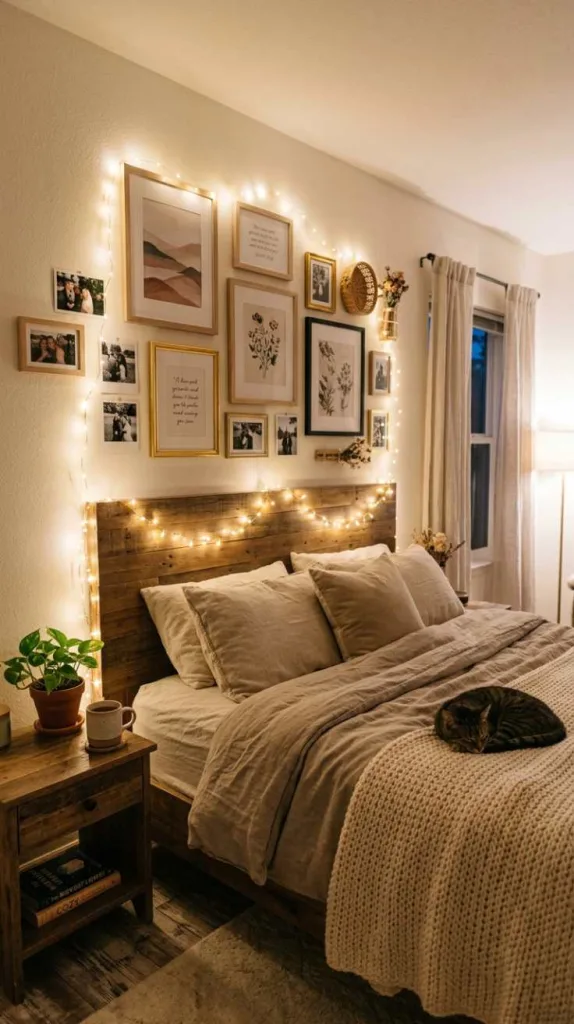 10+ Wall Decor Ideas for Bedroom that Instantly Elevate Style 3 Cozy String Light Glow