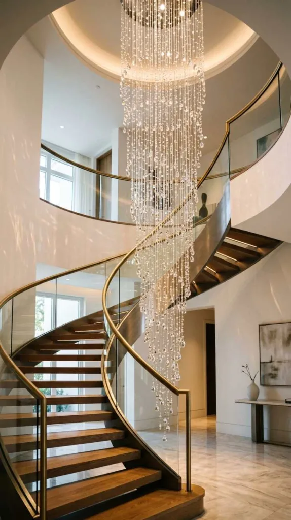 11+ Curved Staircase Wall Decor for Elegant Home Interiors 9 Crystal Drop Installation
