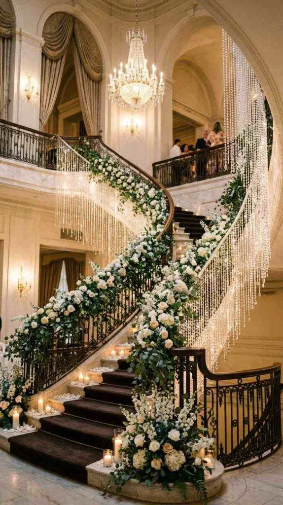 12 Staircase Wedding Decor for Elegant Ceremony Entrances 11 Crystal Hanging Strands