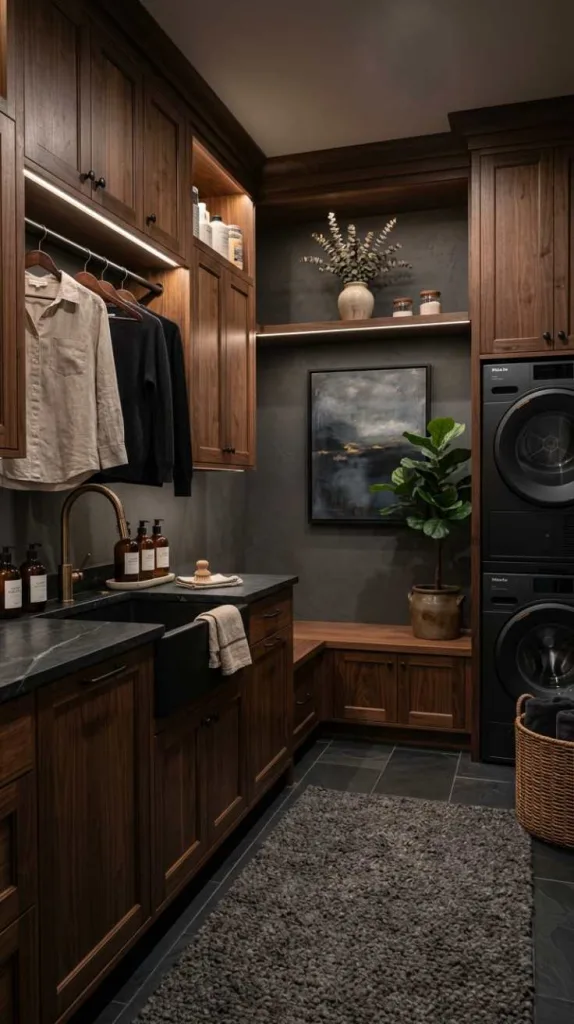 10+ Moody Laundry Room Ideas for Elegant Home Style 6 Dark Wood Finishes