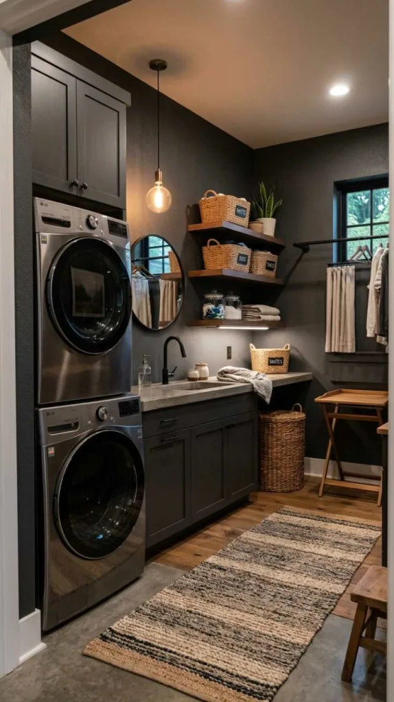 10+ Moody Laundry Room Ideas for Elegant Home Style 3 Deep Charcoal Walls
