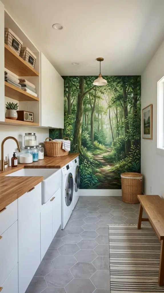 12 Long Laundry Room Ideas for Functional Layouts 13 End Wall Mural