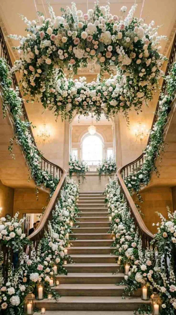 12 Staircase Wedding Decor for Elegant Ceremony Entrances 12 Floating Floral Cloud Staircase