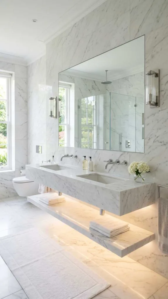 11+ White Marble Bathroom Designs That Look Timeless Luxe 11 Floating Marble Vanity Design