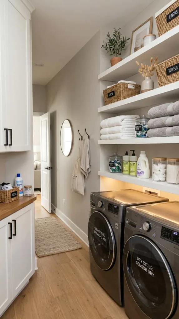 10+ Hallway Laundry Room Ideas with Stacked Washer 7 Floating Shelf Storage