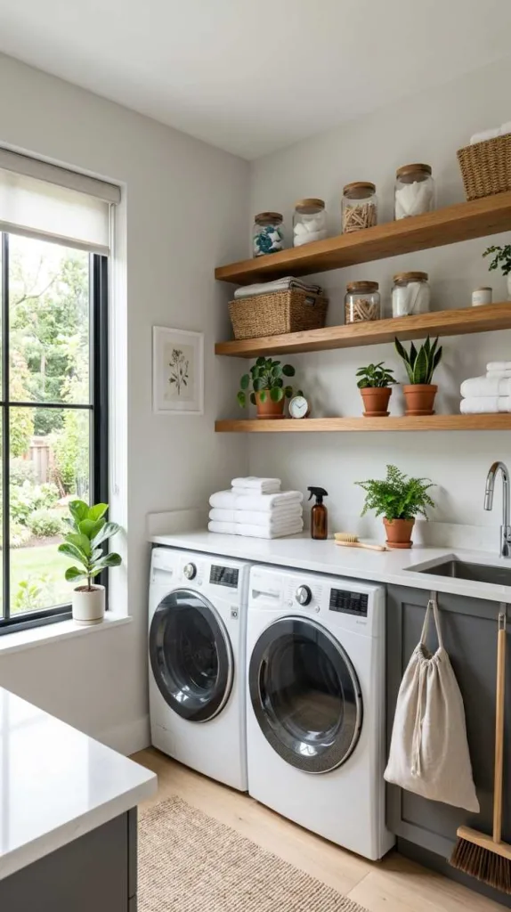 10+ Open Laundry Room Ideas for Bright Homes 3 Floating Wood Shelves