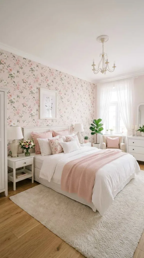11+ Pastel Pink and White Bedroom Decor Ideas 9 Floral Wallpaper