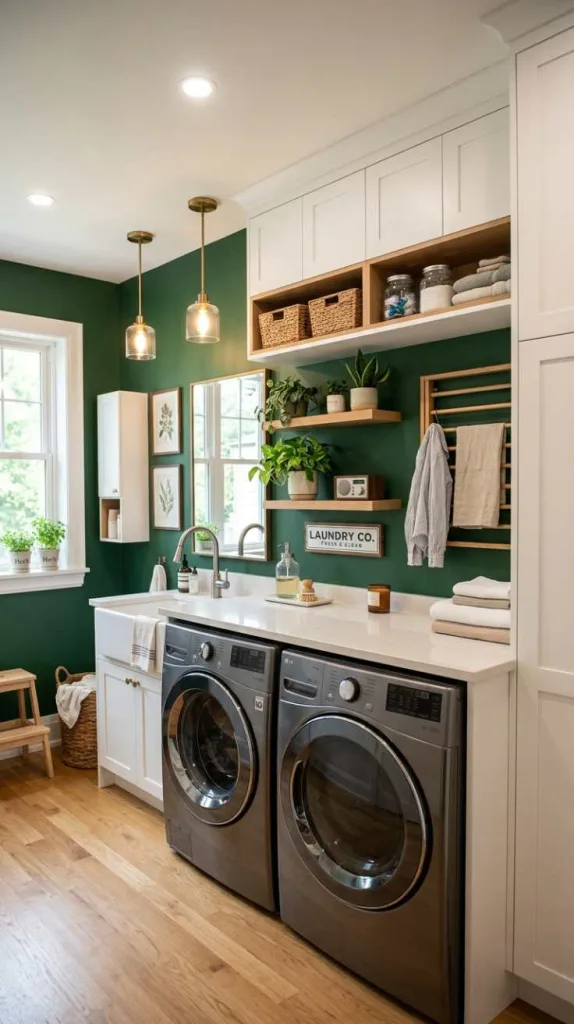 10+ Green Laundry Room Ideas for Fresh Spaces 10 Forest Green Accent Wall