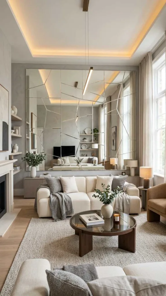 11+ Creative Mirror Wall Designs for Your Living Room 5 Frameless Panels