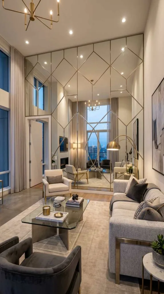 11+ Creative Mirror Wall Designs for Your Living Room 3 Full Panels