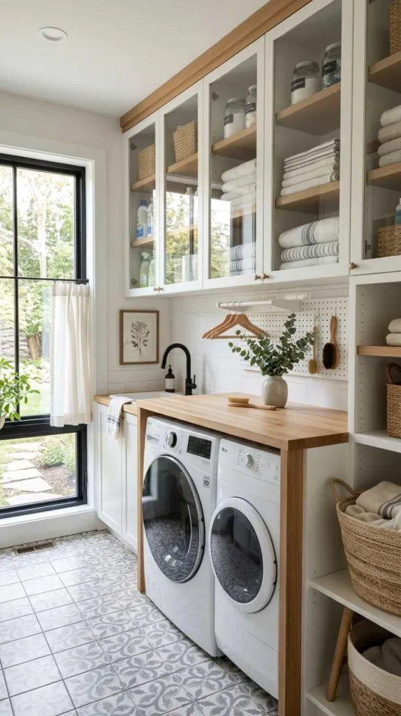 10+ Open Laundry Room Ideas for Bright Homes 8 Glass Cabinet Doors