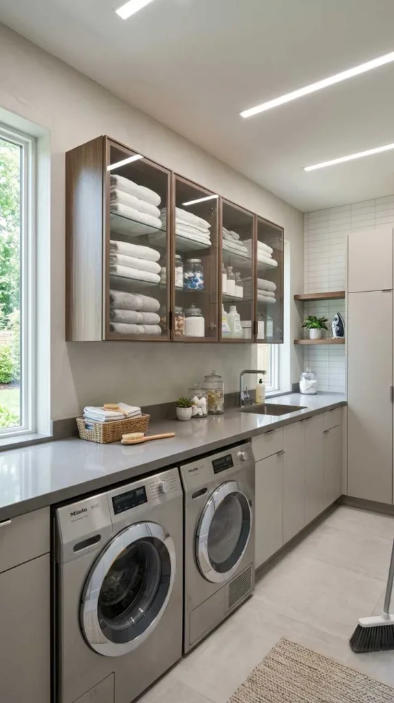 11+ Modern Laundry Room Ideas For Organized Homes 14 Glass Cabinet Laundry Wall