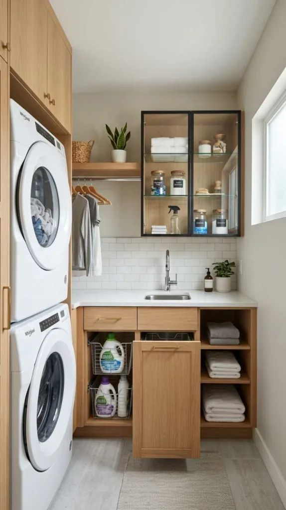 11+ Tiny Laundry Room Ideas Stackable for Small Home 11 Glass Door Laundry Cabinet