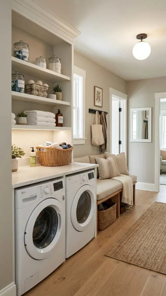 10+ Hallway Laundry Room Ideas with Stacked Washer 8 Hallway Laundry With Bench Seating