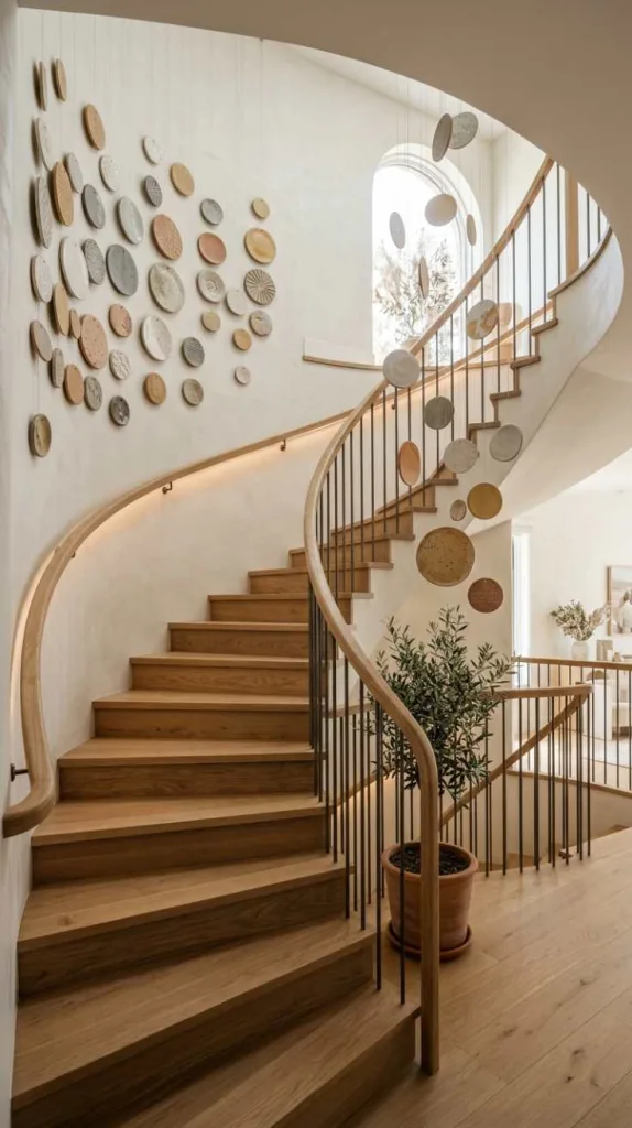 11+ Curved Staircase Wall Decor for Elegant Home Interiors 4 Hanging Ceramic Discs