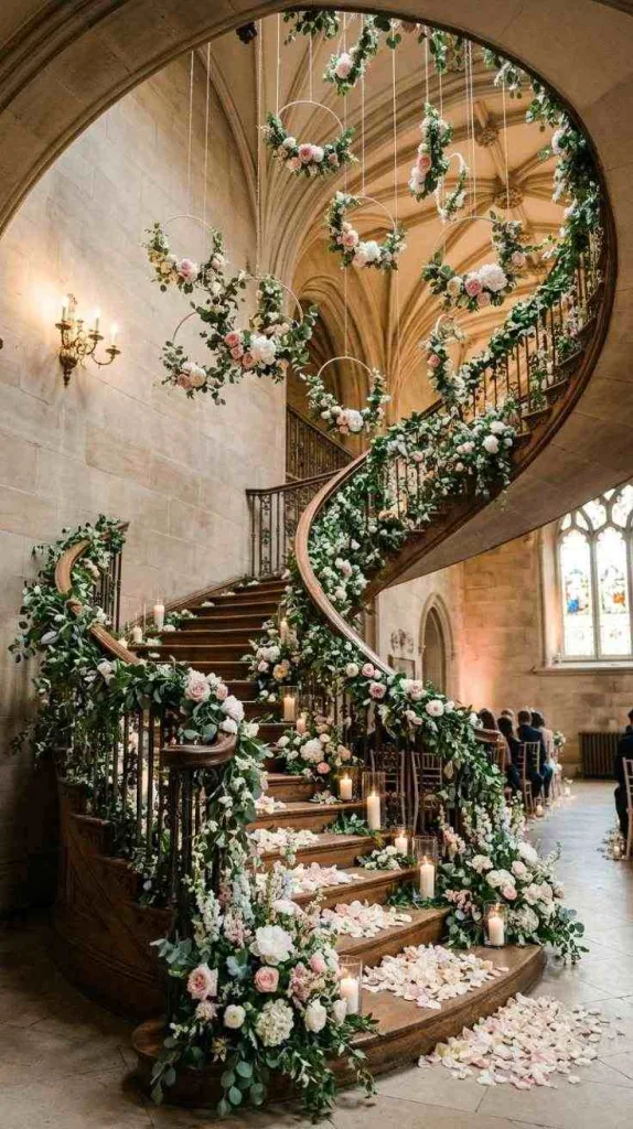 12 Staircase Wedding Decor for Elegant Ceremony Entrances 13 Hanging Floral Hoops