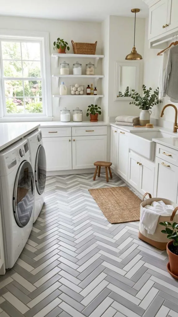 10+ Laundry Room Flooring Ideas for Functional Spaces 9 Herringbone Layout Tiles