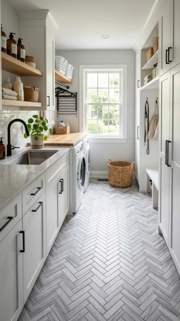 12 Laundry Room Design Ideas for Beautiful Functional Spaces 7 Herringbone Visual Interest