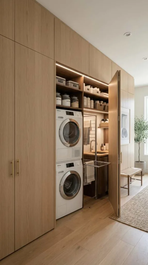 10+ Hallway Laundry Room Ideas with Stacked Washer 9 Hidden Behind Paneled Walls