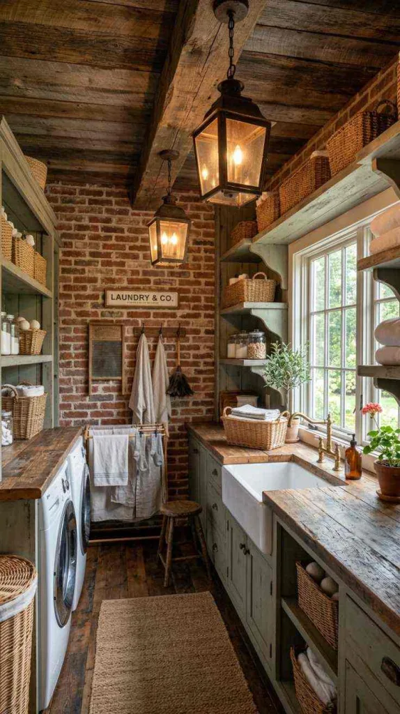 10+ Rustic Farmhouse Laundry Room Ideas for Cozy Home 14 Lantern-Style Laundry Lighting
