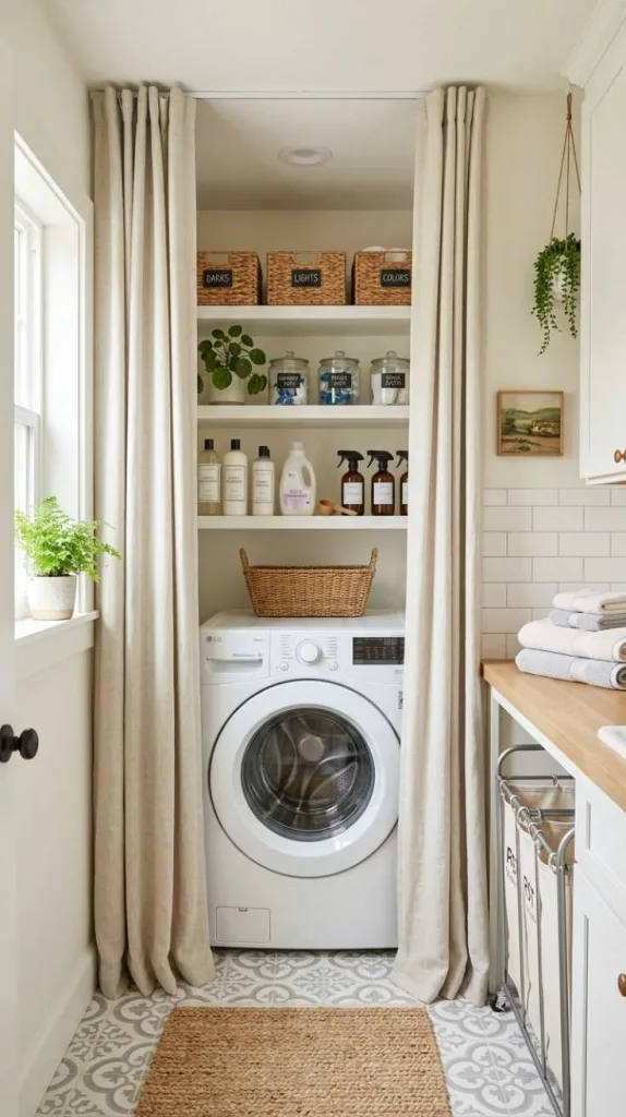 11+ Tiny Laundry Room Ideas Stackable for Small Home 8 Laundry Niche Behind Curtains