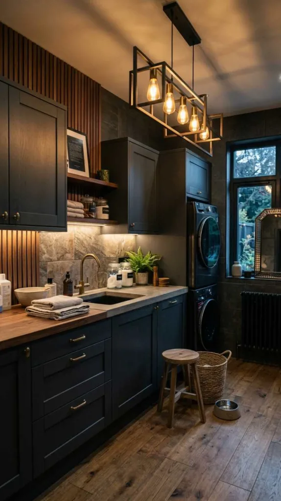 10+ Moody Laundry Room Ideas for Elegant Home Style 14 Layered Lighting Design
