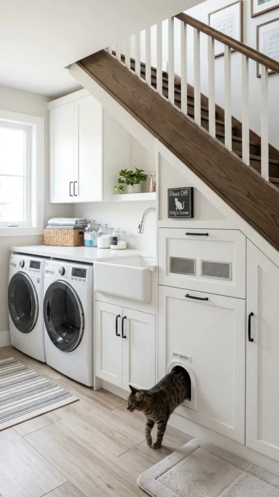 Litter Box Nook Beneath Stairs