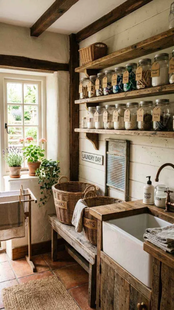 10+ Rustic Farmhouse Laundry Room Ideas for Cozy Home 8 Mason Jar Storage Wall