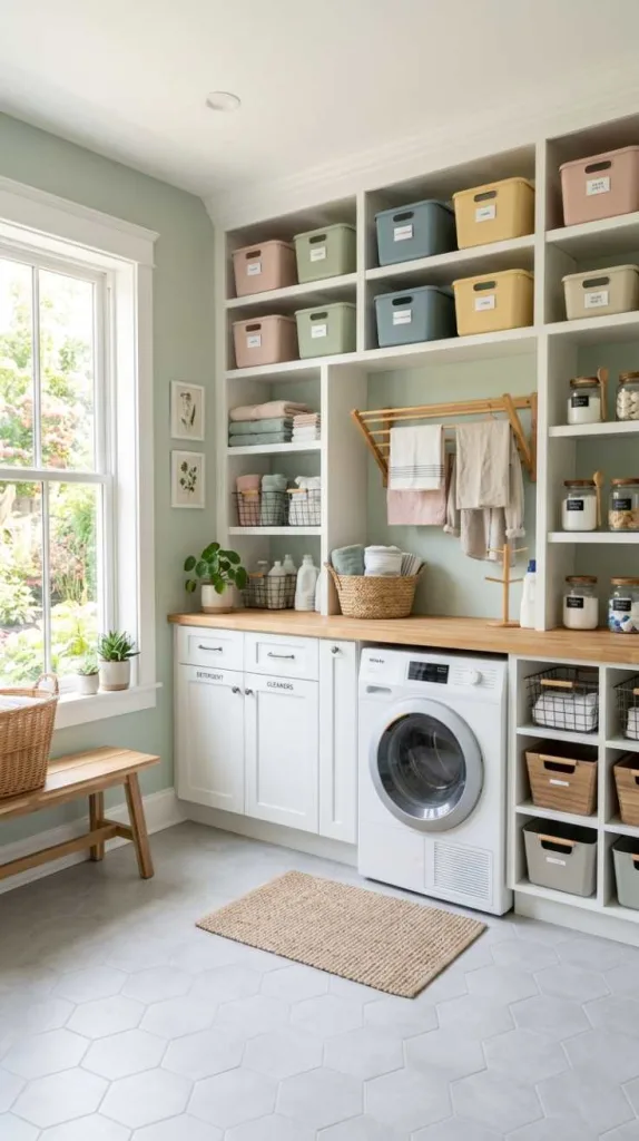 10+ Open Laundry Room Ideas for Bright Homes 4 Matching Storage Bins
