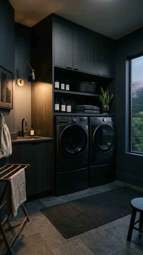 10+ Moody Laundry Room Ideas for Elegant Home Style 12 Matte Black Appliances