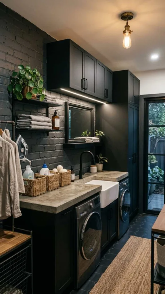 10+ Moody Laundry Room Ideas for Elegant Home Style 4 Matte Black Cabinets