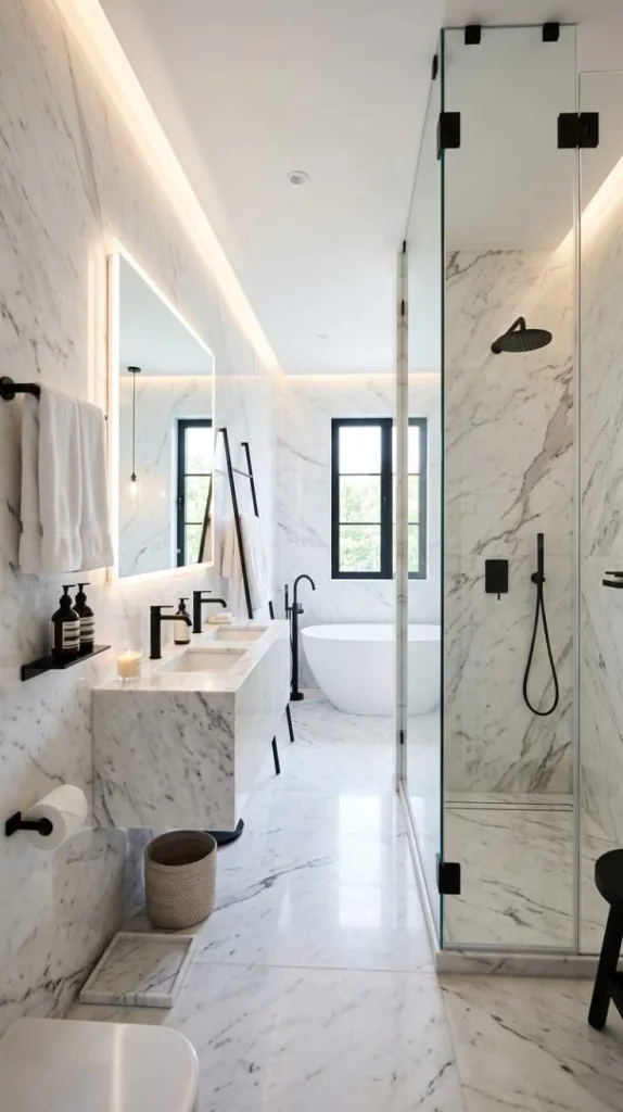 11+ White Marble Bathroom Designs That Look Timeless Luxe 6 Matte Black Contrast