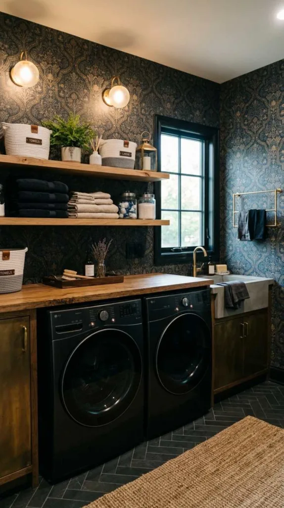 10+ Moody Laundry Room Ideas for Elegant Home Style 11 Moody Patterned Wallpaper