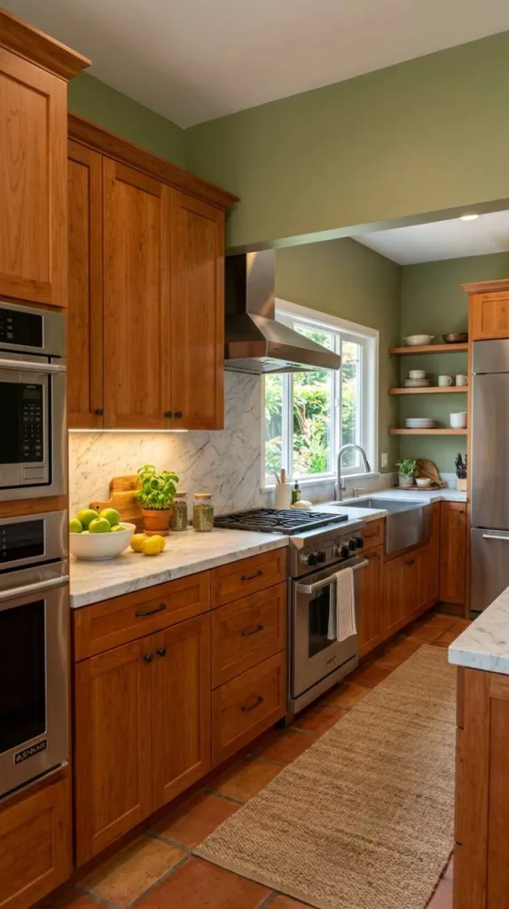 11+ Kitchen Color Schemes That Make Cherry Cabinets Pop 10 Muted Olive