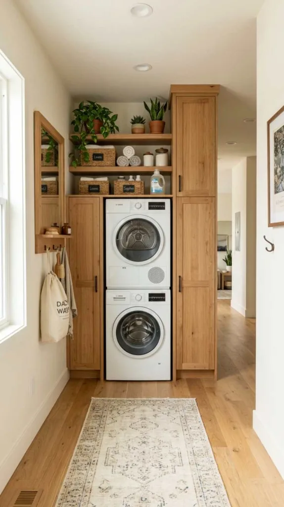 10+ Hallway Laundry Room Ideas with Stacked Washer 11 Natural Wood Accents