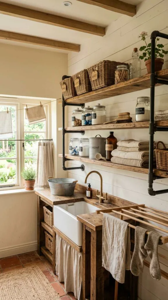10+ Rustic Farmhouse Laundry Room Ideas for Cozy Home 6 Open Pipe Shelf Storage