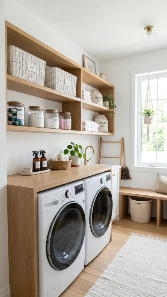 12 Laundry Room Design Ideas for Beautiful Functional Spaces 10 Open Shelf Organization