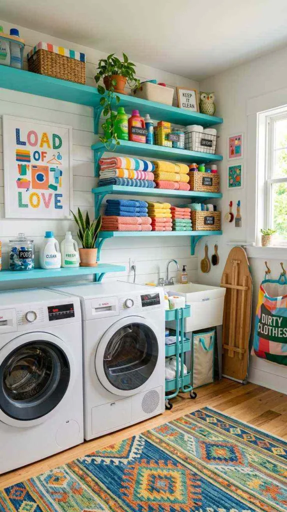 12 Fun Laundry Room Ideas to Brighten Your Everyday Routine 6 Open Shelves Full of Color