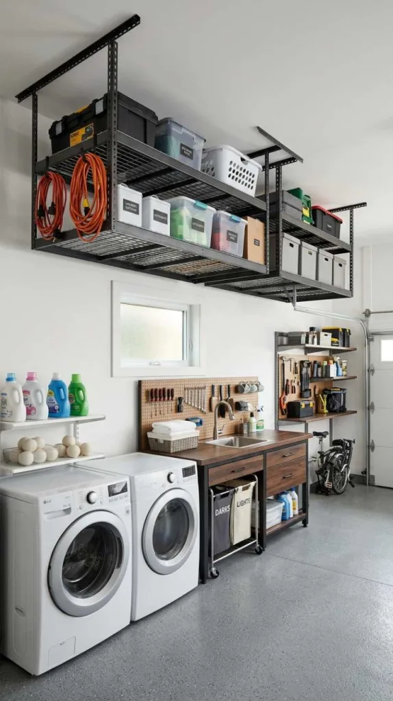 12 Garage Laundry Room Ideas for Smart Spaces 3 Overhead Storage Racks