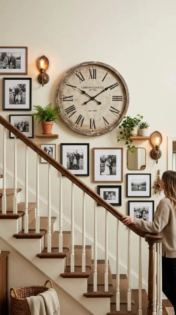 12 Staircase Decor Ideas Wall Stairways for Stylish Homes 4 Oversized Vintage Clock Feature