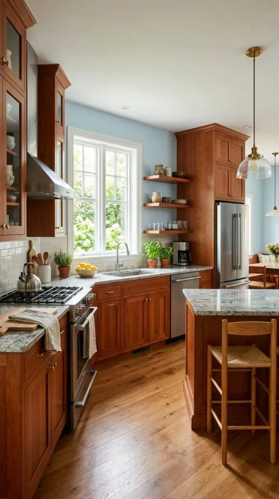 11+ Kitchen Color Schemes That Make Cherry Cabinets Pop 12 Pale Blue