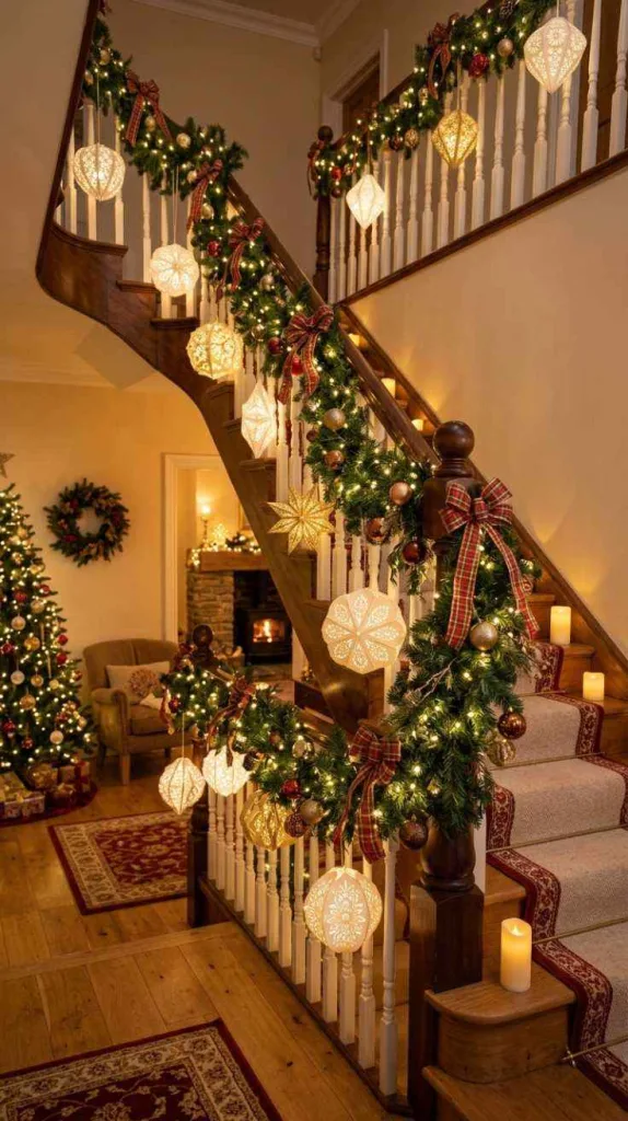 12 Christmas Staircase Decor Ideas for a Festive Home 10 Paper Lanterns