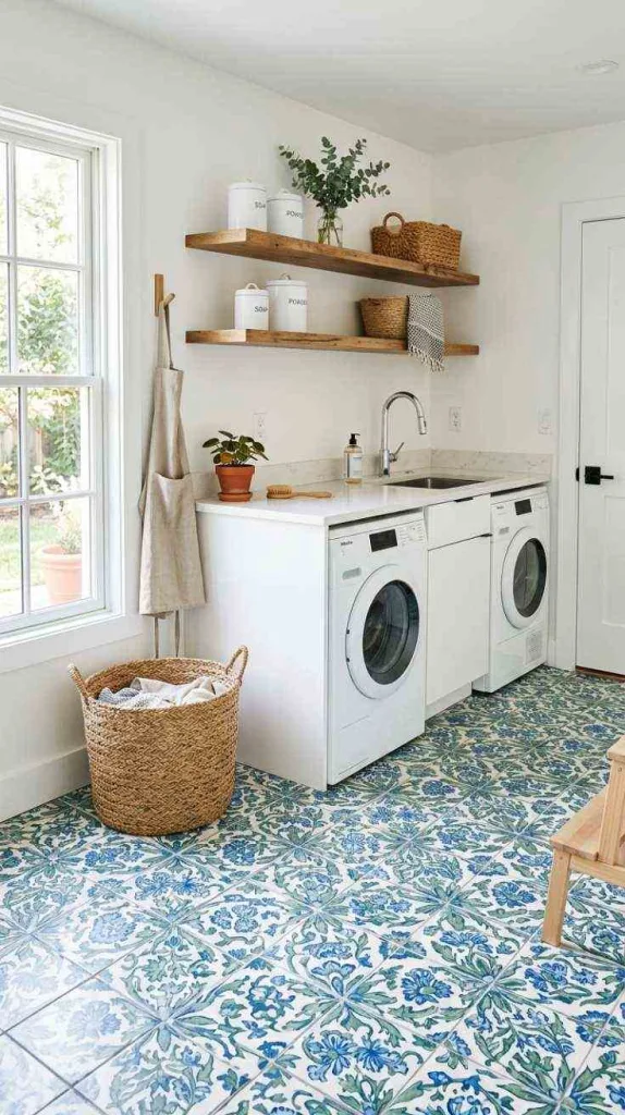 10+ Laundry Room Flooring Ideas for Functional Spaces 8 Patterned Floral Tiles